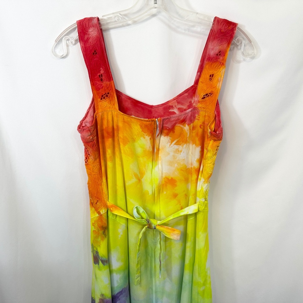 Tie Dye Medium Maxi Dress Handmade Rainbow Eyelet Hem Sleeveless Vacation 1760 - Picture 11 of 15